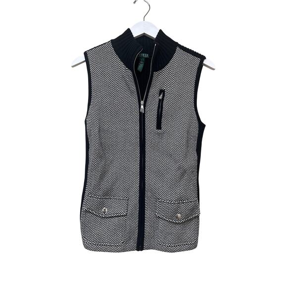 NWOT Lauren Ralph Lauren Black White Herringbone Size Medium Fall Vest Layering - Picture 1 of 11